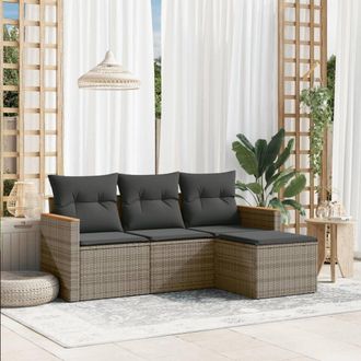 vidaXL Set De Sof&aacute;s De Jard&iacute;n 4 Pzas Y Cojines Rat&aacute;n Sint&eacute;tico Gris Vidaxl