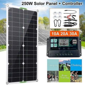OEM Kit De Sistema Solar De 250 W, 1 M&oacute;dulo Fotovoltaico De Panel Solar Monocristalino Flexible, Controlador De Carga Solar De 20 A Para Veh&iacute;culos Recreat