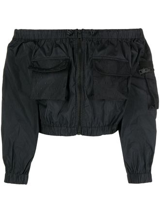 Red Valentino off-shoulder cropped zip-up jacket - women - Polyester - 36 - Black