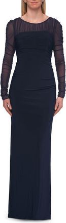 La Femme Long Sleeve Sheer Net Jersey Gown with Ruching in Navy at Nordstrom, Size 12