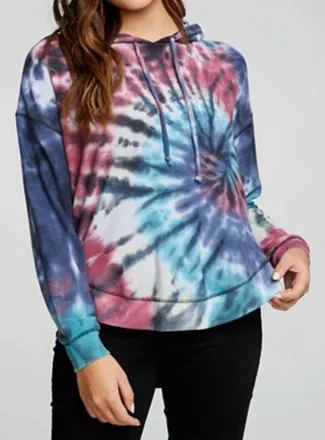 Chaser Rpet Cozy Knit Long Sleeve Hi Lo Hoodie In Dark Crystal Tie Dye