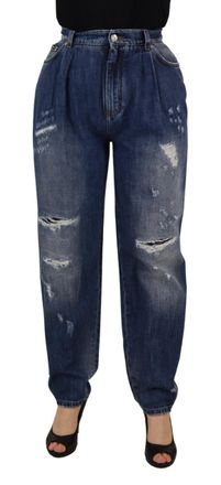Dolce & Gabbana Womens Blue Washed High Waist Loose Fit Pants Cotton