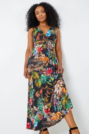 Roman Sleeveless Tropical Maxi Stretch Dress