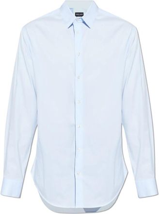 Giorgio Armani Overhemd van stretchstof met boordverstevigers - Heren - Zakelijke Overhemden - Blauw - L - Katoen - Overhemden