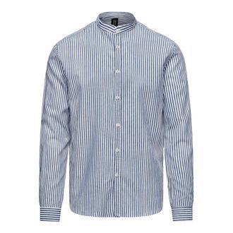 Bomboogie Camicia a Righe in Lino/Cotone con Collo alla Coreana - - Shirts - Uomo - Blu - M