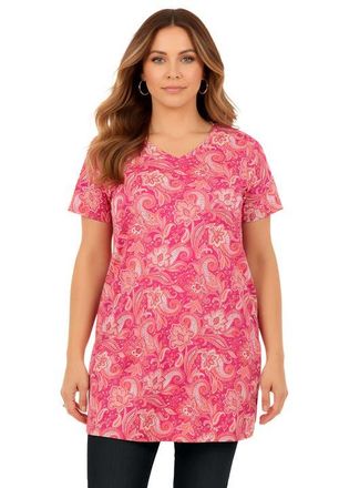 Roaman's Plus Size Ultimate Cotton V-Neck Short Sleeve Tunic in Raspberry Paisley Floral Print at Nordstrom, Size Medium