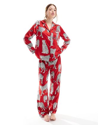 Chelsea Peers satin long sleeve revere and pants pajama set in red leopard print