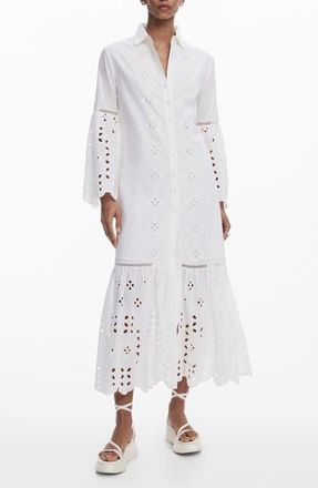Desigual Eyelet Embroidery Long Sleeve Cotton Dress in White at Nordstrom, Size X-Small