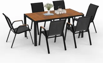 IDMarket Set Di Mobili Da Giardino Noumea - Tavolo Da 150 Cm Con Piano In Vetro Temperato Effetto Legno E 6 Sedie Impilabili In Legno E N