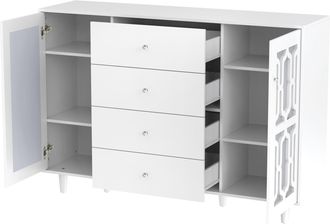 STILVORA Aparador Con 2 Puertas, 4 Cajones Y Tiradores De Cristal, Acabado Espejo, En Mdf, Blanco, 147,5&times;40&times;102 Cm