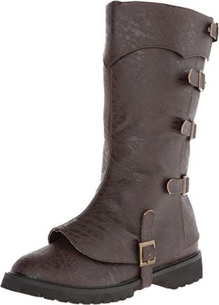 Generic Mens Flat Heel Pirate Long Boots Round Toe Medieval Boots with Buckle PU Leather Knee High Boot,Brown,9.5 UK