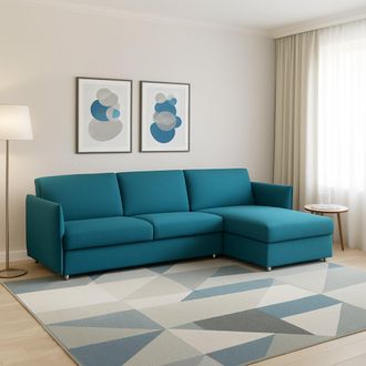 Dmora Sof&aacute; Fijo Con Pen&iacute;nsula Ubalda, Sof&aacute; Esquinero Para Sal&oacute;n, Acolchado, Desenfundable, Calidad 100% Made In Italy, 260x160 H90 Cm, Azul Claro - Dmora