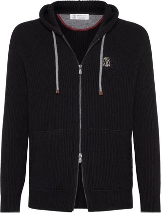 Brunello Cucinelli Ribbed Cashmere Zip-Up Hoodie - Heren - Vesten met rits - Zwart - L - Kasjmier - Hoodies & sweatvesten