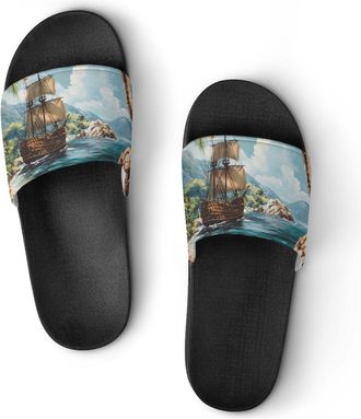 Generic Ocean Boat Vintage Shower Shoes Slipper for Women Men Beach Slippers Quick Drying Non Slip Open-Toe Sandals