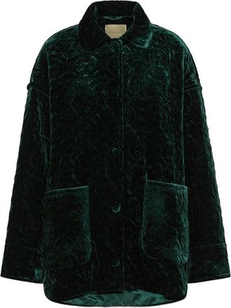 Momoni Embossed Floral Velvet Green Coat With Relaxed Fit