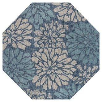 Jonathan Y Designs Zinnia Modern Floral Textured Weave Octagon Indoor/Outdoor Area Rug in Navy/aqua at Nordstrom, Size 5Ft 0In X 5Ft 0In