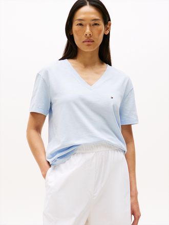 Tommy Hilfiger T-Shirt TOMMY HILFIGER SLUB CROP V-NK SS, Damen, Gr. XS (34), blau (breezy blau), Jersey, Obermaterial: 100% Baumwolle, unifarben, relaxed fit h&uuml;ftlan