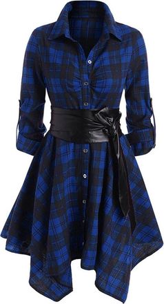 Generic Women Plaid Shirt Dress Long Sleeve Checked Tartan Button Down Dress Asymmetric High Low Flared Mini Dress with Belted Ladies Turn-down Collar Casual 