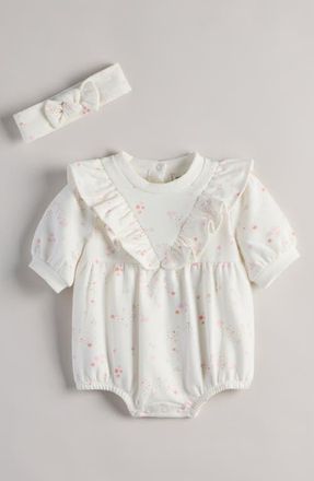 Nordstrom Ruffle Cotton Fleece Romper & Headband Set in Ivory Egret Sweet Meadow at Nordstrom, Size 18M