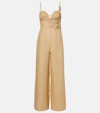 Farm Rio Floral-appliqu&eacute; linen jumpsuit