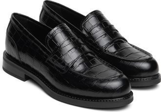 Nero Giardini Croc Embossed Leather Penny Loafer in Black at Nordstrom, Size 39