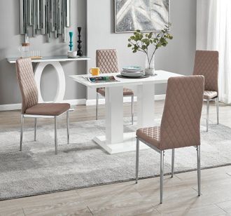 Furniturebox Imperia 4 Seater Modern White High Gloss Rectangular Dining Table & 4 Milan Faux Leather Chairs in Beige
