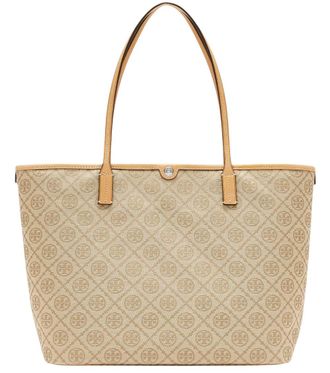 Tory Burch Beige T Monogram Top Zip Large Tote