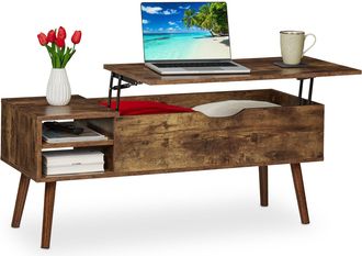 Relaxdays Mesa Centro Elevable, 2 Compartimentos Laterales, Mesita Sof&aacute; Con Almacenaje, Industrial, 45x108x40cm, Marr&oacute;n - Relaxdays