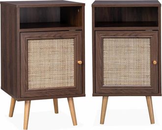 Sweeek Mesita de noche escandinava con efecto madera y caña, set de 2, madera
