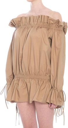 Saint Laurent Womens Ruched Mini Dress - Tan Cotton - Size EU 36 (Womens)