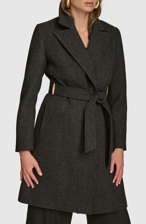 DKNY Belted Wool Blend Coat in Black at Nordstrom, Size X-Large