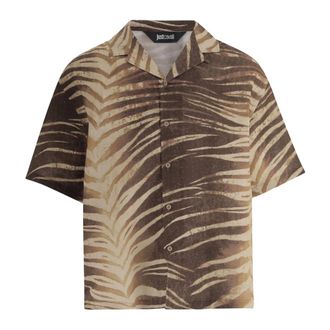 Just Cavalli Short Sleeve Shirts, male, Multicolor, Size: XL Linen and Cotton Shirt with Tropical Print