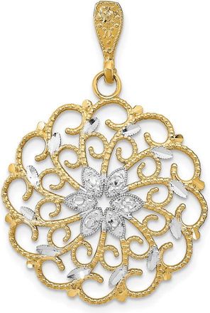 Diamond2Deal 14k Yellow Gold and White Rhodium Diamond-cut Scalloped Wave Charm Pendant