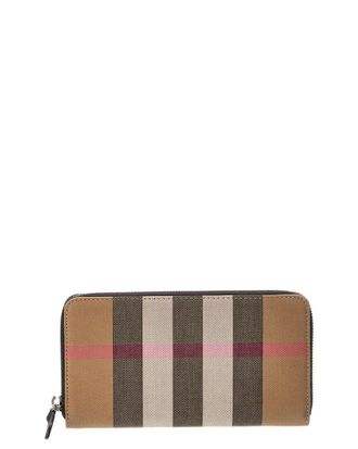 Burberry Check Canvas & Leather Zip Around Wallet