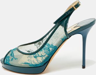 Jimmy Choo London Green Lace And Patent Leather Nova Peep-Toe Slingback Sandals