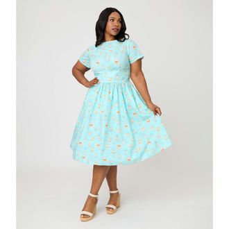 Unique Vintage Plus Size Smocked Back Swing Dress in Blue W/Cat Print at Nordstrom, Size 4X