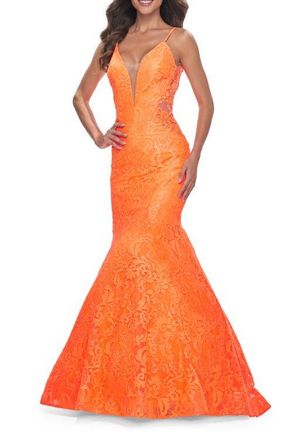 La Femme Long Mermaid Lace Dress with Back Rhinestone Detail in Bright Orange at Nordstrom, Size 6
