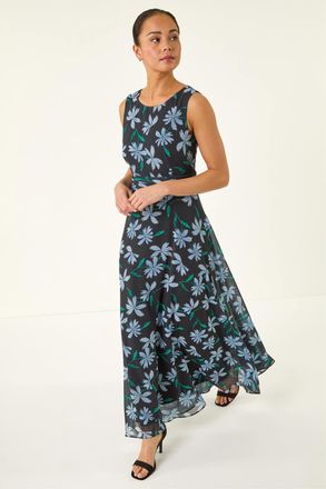 Roman Womens Petite Floral Ruched Waist Maxi Dress - Black - Size 14 UK