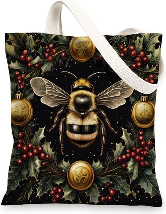 Generic Vintage Christmas Bee Canvas Tote Bag for Shopping 13x15, Xmas Holly Balls Insects Reusable Grocery Print Pattern Bag for Women, Holiday New Year Beac