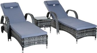 OUTSUNNY 3 PCS Rattan Lounger Recliner Bed Garden Furniture Set Side Table Grey