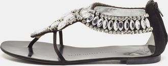 Giuseppe Zanotti Black Satin Crystal Embellished Ankle Strap Flat Sandals