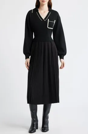 ZOE AND CLAIRE Long Sleeve Twofer Sweater Dress in Black/ivory at Nordstrom, Size X-Large