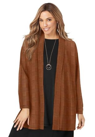 Jessica London Stretch Knit Open Front Knit Topper in Cognac Glen Plaid at Nordstrom, Size Medium