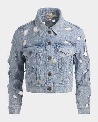 Alice & Olivia Chloe Laser-Cut Denim Jacket