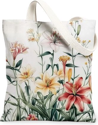 Generic Spring Lilies Flower Canvas Tote Bag for Shopping 13x15, Farmhouse Floral Wildflower Reusable Grocery Print Bag for Women, Cute Garden Beach Aesthetic
