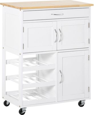 HOMCOM Rolling Kitchen Island Trolley Storage Cart with Rubberwood Top Wine Rack | TJ Hughes