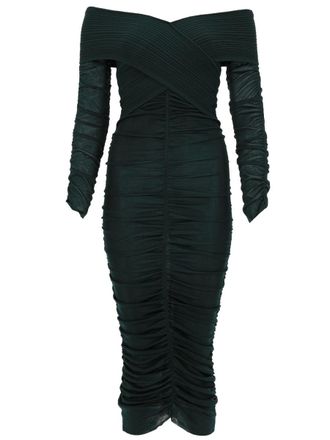 Self Portrait Neutrals Viscose Gathered Ribbed Midi Dress