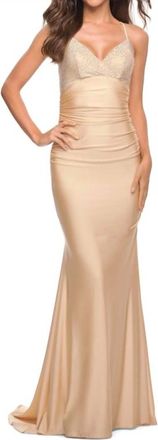 La Femme Fitted Long Jersey Prom Gown In Light Gold