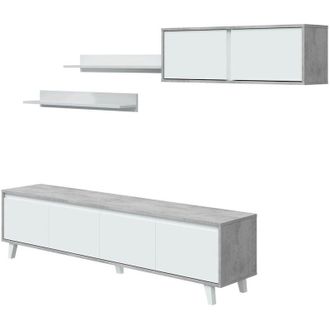 Dmora Dmora - Parete attrezzata Kaya, Set da soggiorno, Mobile salotto multiuso, Parete attrezzata moderna, 200x41h50 cm, Cemento e Bianco lucido