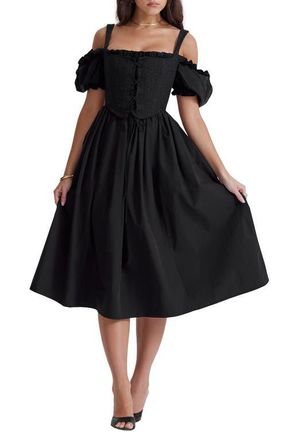 House of CB Silvana Embroidered Cold Shoulder Corset Fit & Flare Dress in Black at Nordstrom, Size X-Small